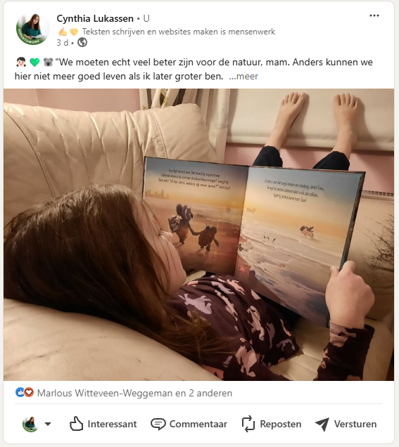 LinkedIn post van Cynthia Lukassen over haar dochters zorgen om onze wereld (🌱 Duurzame Dinsdag – 7 oktober 2025)