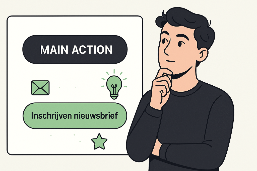 man die twijfelt en kijkt naar de knop met 'main action' terwijl daaronder de opties inschrijven nieuwsbrief en gratis tip ontvangenstaan