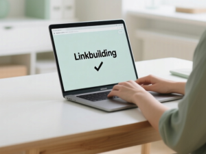 Vrouw achter laptop met het woord Linkbuilding