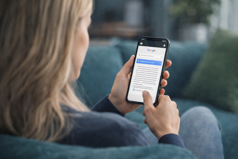 Blond vrouw met smartphone op de bank met google en een AI antwoord