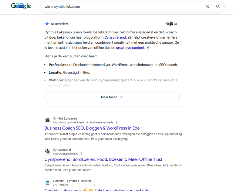 Wie is Cynthia Lukassen ingetypt op Google, dit zijn de zoekresultaten en de zero click antwoorden van AI