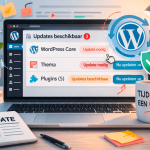 laptop met wordpress dashboard met meldingen dat wordpress versie, thema en plugins geupdatet moeten worden. En een mok met 'tijd voor een update' op het bureau.