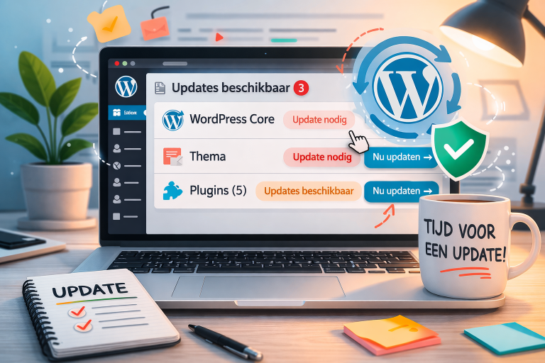 laptop met wordpress dashboard met meldingen dat wordpress versie, thema en plugins geupdatet moeten worden. En een mok met 'tijd voor een update' op het bureau.