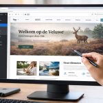 Close-up van een computerscherm waarop het WordPress-dashboard zichtbaar is, met een websiteontwerp voor rondleidingen in Ede. Op het scherm is iemand die aanwijzingen geeft of aanwijst, zodat het duidelijk wordt dat er actief aan de website gewerkt wordt.