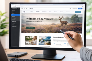Close-up van een computerscherm waarop het WordPress-dashboard zichtbaar is, met een websiteontwerp voor rondleidingen in Ede. Op het scherm is iemand die aanwijzingen geeft of aanwijst, zodat het duidelijk wordt dat er actief aan de website gewerkt wordt.