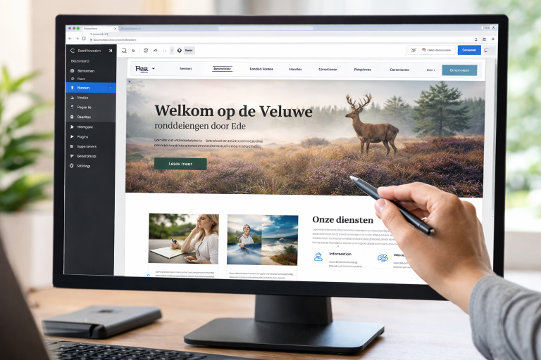 Close-up van een computerscherm waarop het WordPress-dashboard zichtbaar is, met een websiteontwerp voor rondleidingen in Ede. Op het scherm is iemand die aanwijzingen geeft of aanwijst, zodat het duidelijk wordt dat er actief aan de website gewerkt wordt.