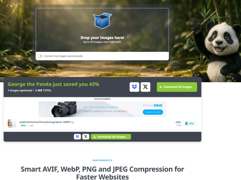Schermprintje van mijn afbeelding in TinyPNG. Een tool om de bestandsgrootte van je afbeeldingen slim te verkleinen