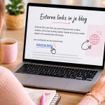 iemand die met een muis op een scherm van een laptop klikt op een link in een blog met de linktitel 'externe links'. Vrouw halflang bruin haar, stijl, blanke huid, vrouw vanaf de achterkant gezien.
