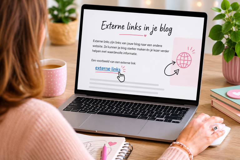 iemand die met een muis op een scherm van een laptop klikt op een link in een blog met de linktitel 'externe links'. Vrouw halflang bruin haar, stijl, blanke huid, vrouw vanaf de achterkant gezien.